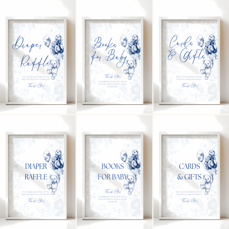 Baby Shower Table Sign Bundle - Blue Bearly Wait Toile de Jouy BS35