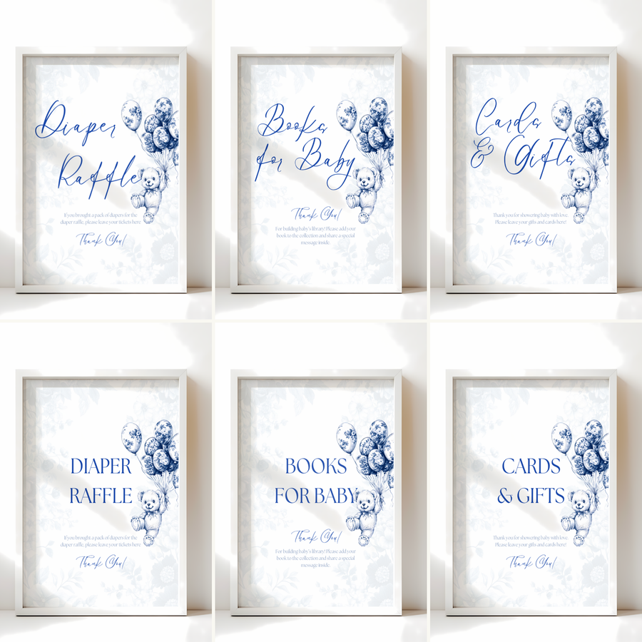 Baby Shower Table Sign Bundle - Blue Bearly Wait Toile de Jouy BS35