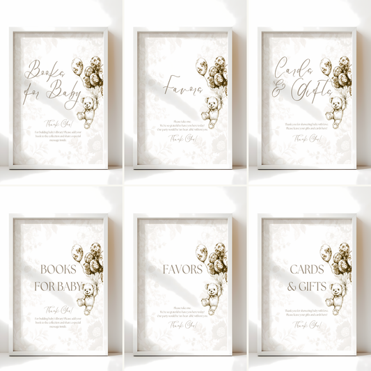 Baby Shower Table Sign Bundle - Beige Bearly Wait Toile de Jouy BS36