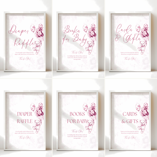 Baby Shower Table Sign Bundle - Pink Bearly Wait Toile de Jouy BS37
