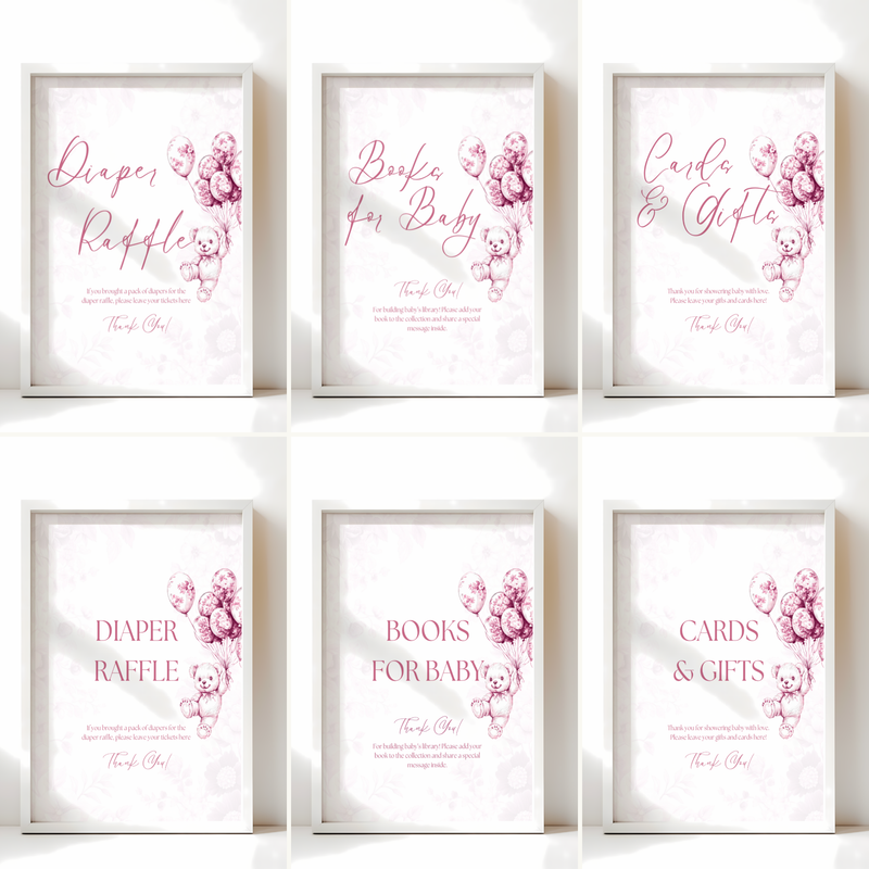 Baby Shower Table Sign Bundle - Pink Bearly Wait Toile de Jouy BS37