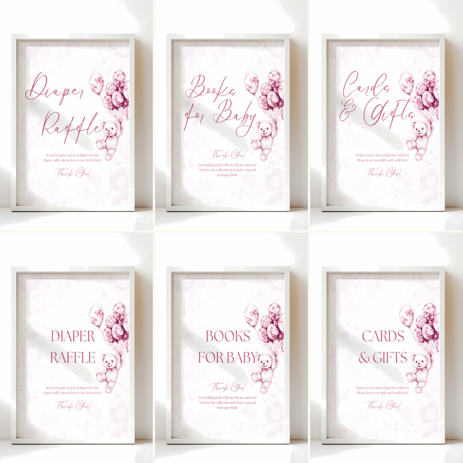 Baby Shower Table Sign Bundle - Pink Bearly Wait Toile de Jouy BS37