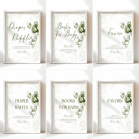 Baby Shower Table Sign Bundle - Green Bearly Wait Toile de Jouy BS38