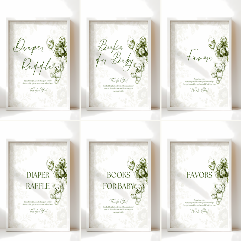 Baby Shower Table Sign Bundle - Green Bearly Wait Toile de Jouy BS38