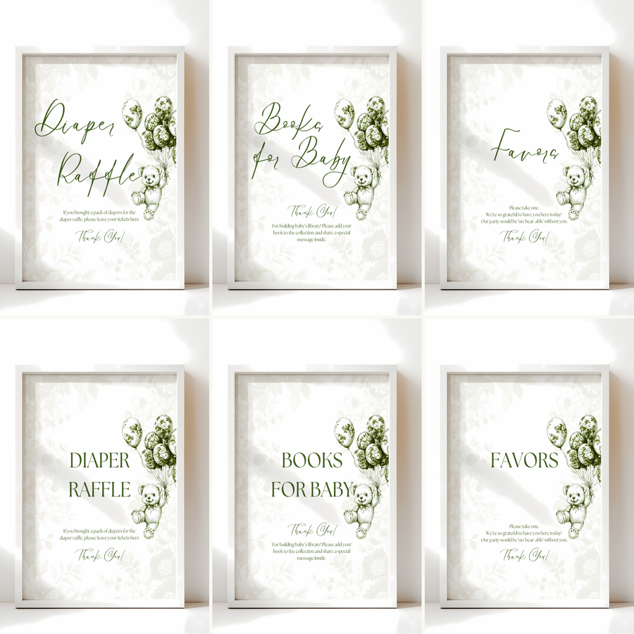 Baby Shower Table Sign Bundle - Green Bearly Wait Toile de Jouy BS38