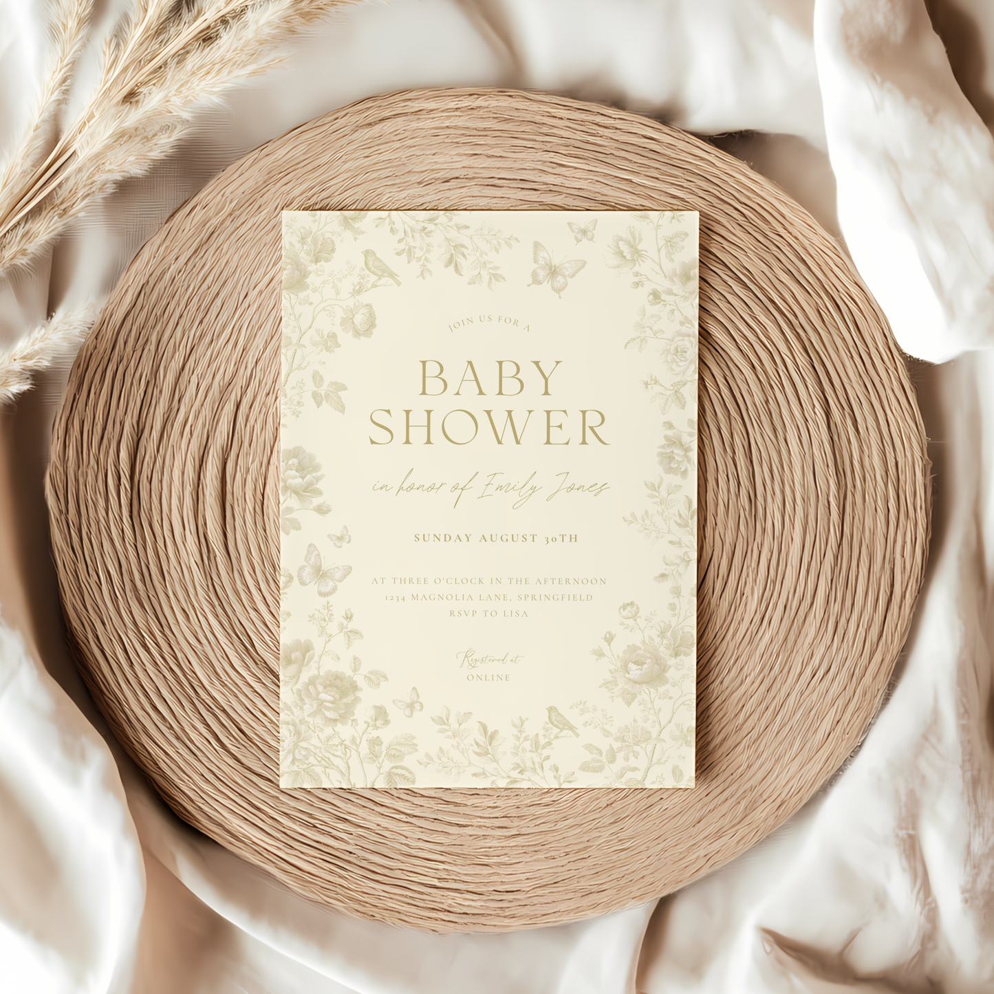 Baby Shower Invitation - Butter Yellow Toile de Jouy Elegant Florals and Butterflies BS187
