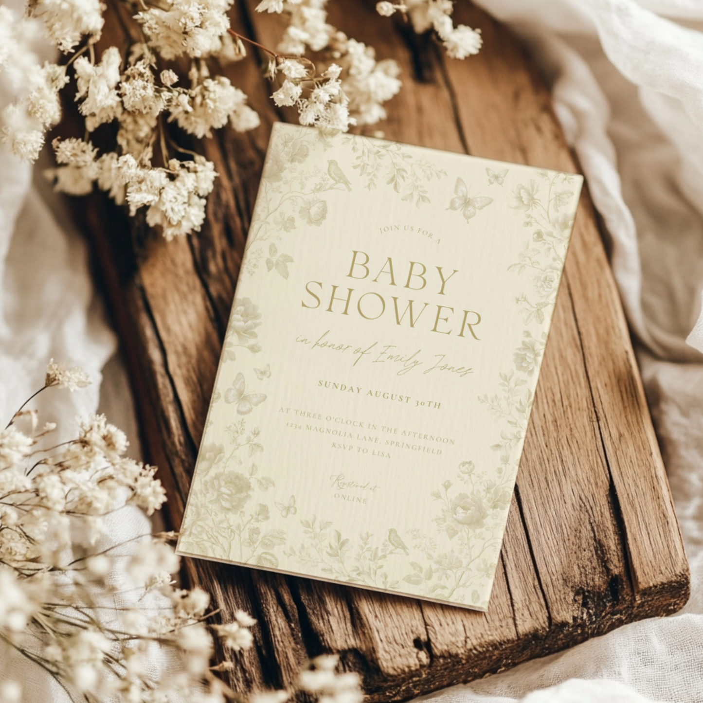 Baby Shower Invitation - Butter Yellow Toile de Jouy Elegant Florals and Butterflies BS187