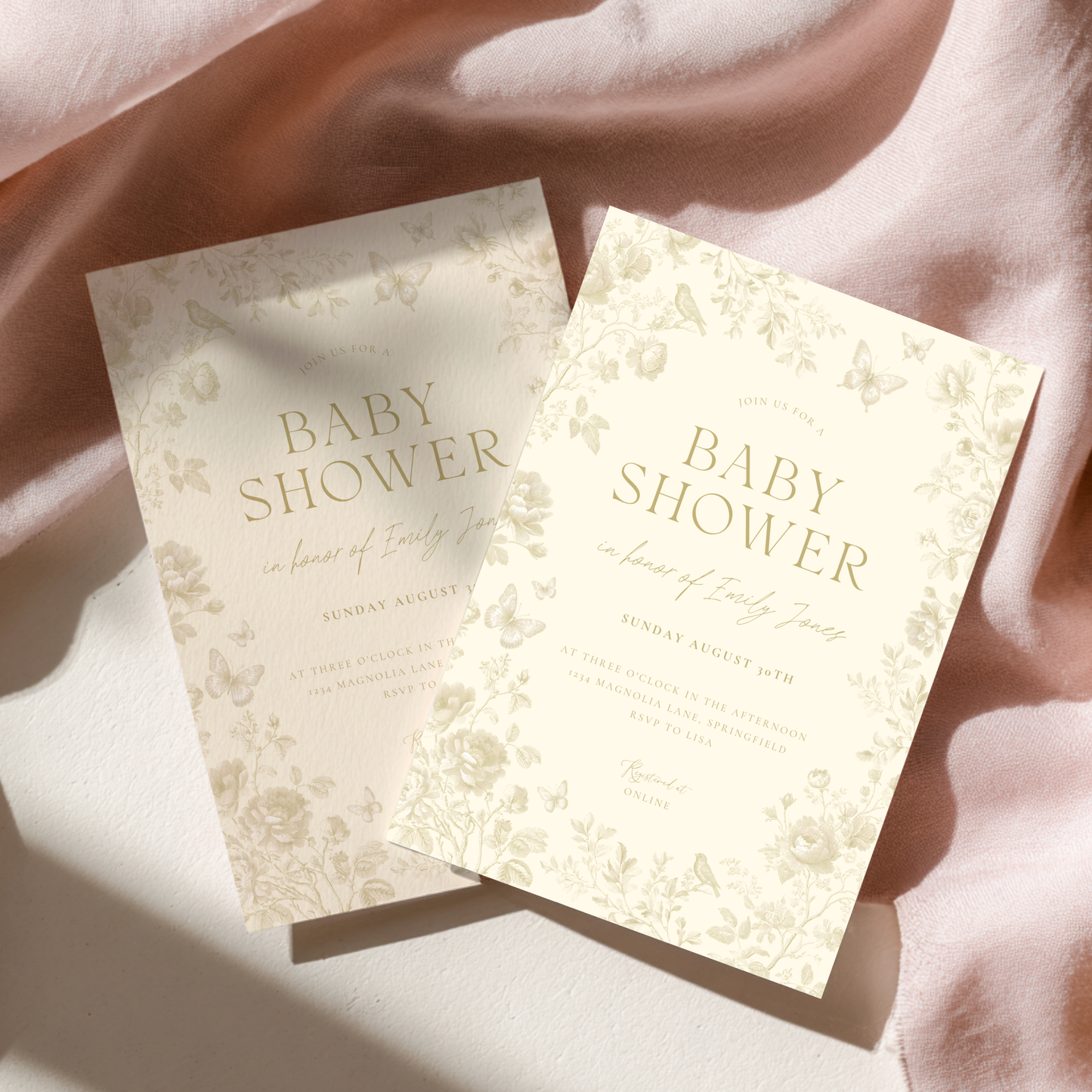Baby Shower Invitation - Butter Yellow Toile de Jouy Elegant Florals and Butterflies BS187