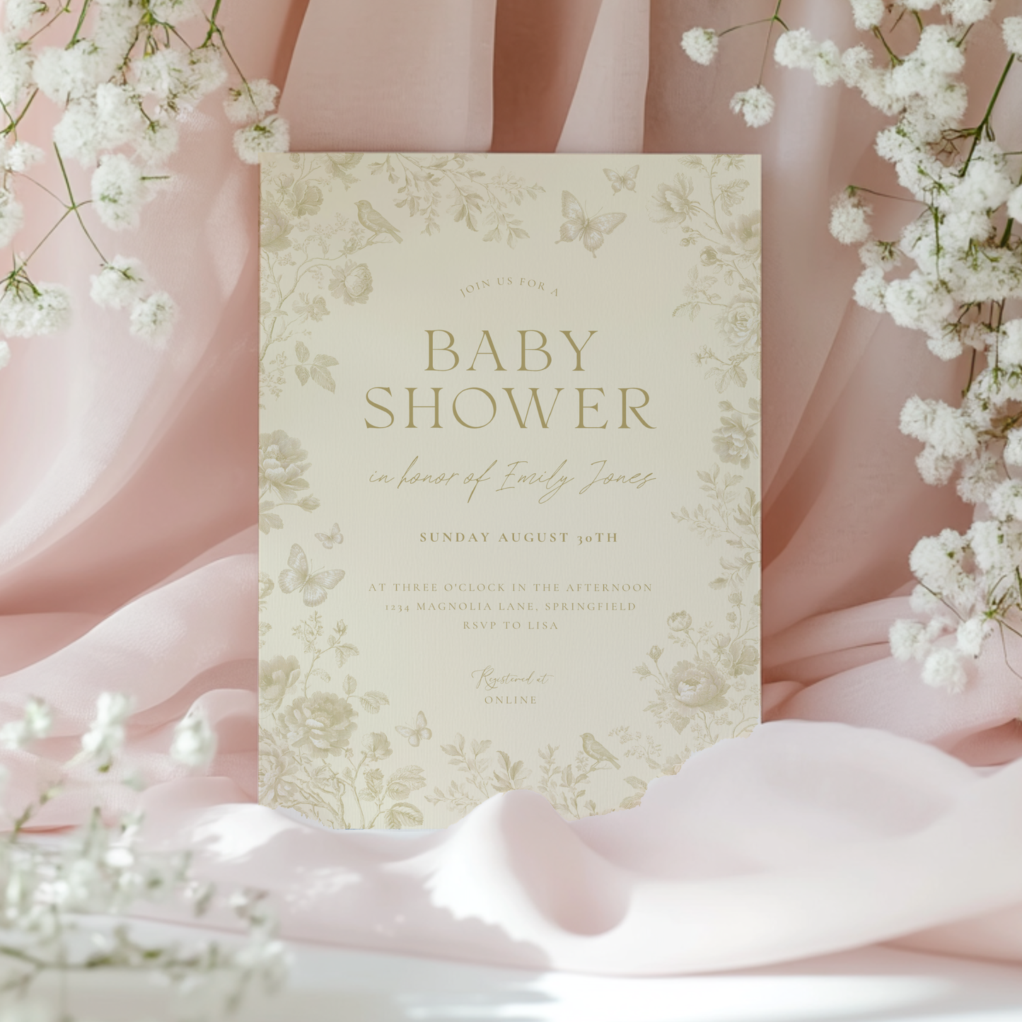 Baby Shower Invitation - Butter Yellow Toile de Jouy Elegant Florals and Butterflies BS187