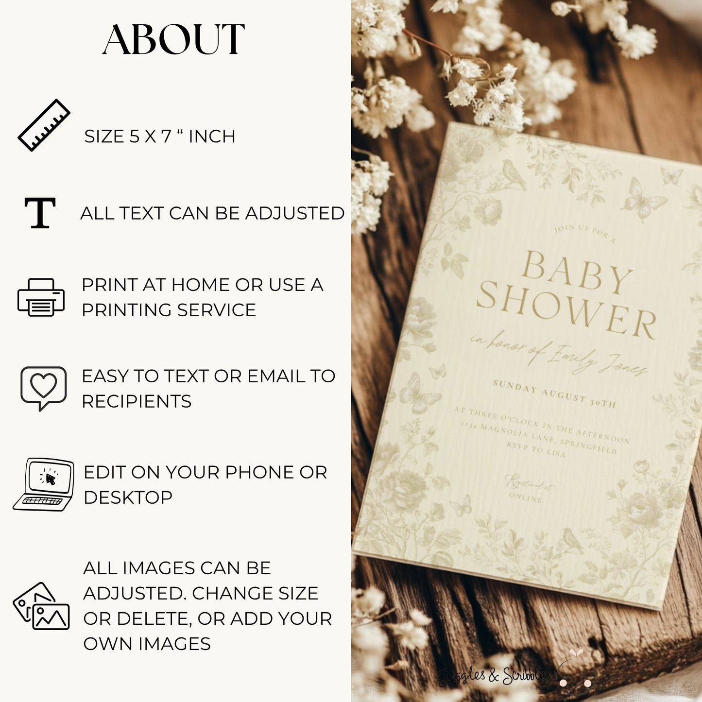 Baby Shower Invitation - Butter Yellow Toile de Jouy Elegant Florals and Butterflies BS187