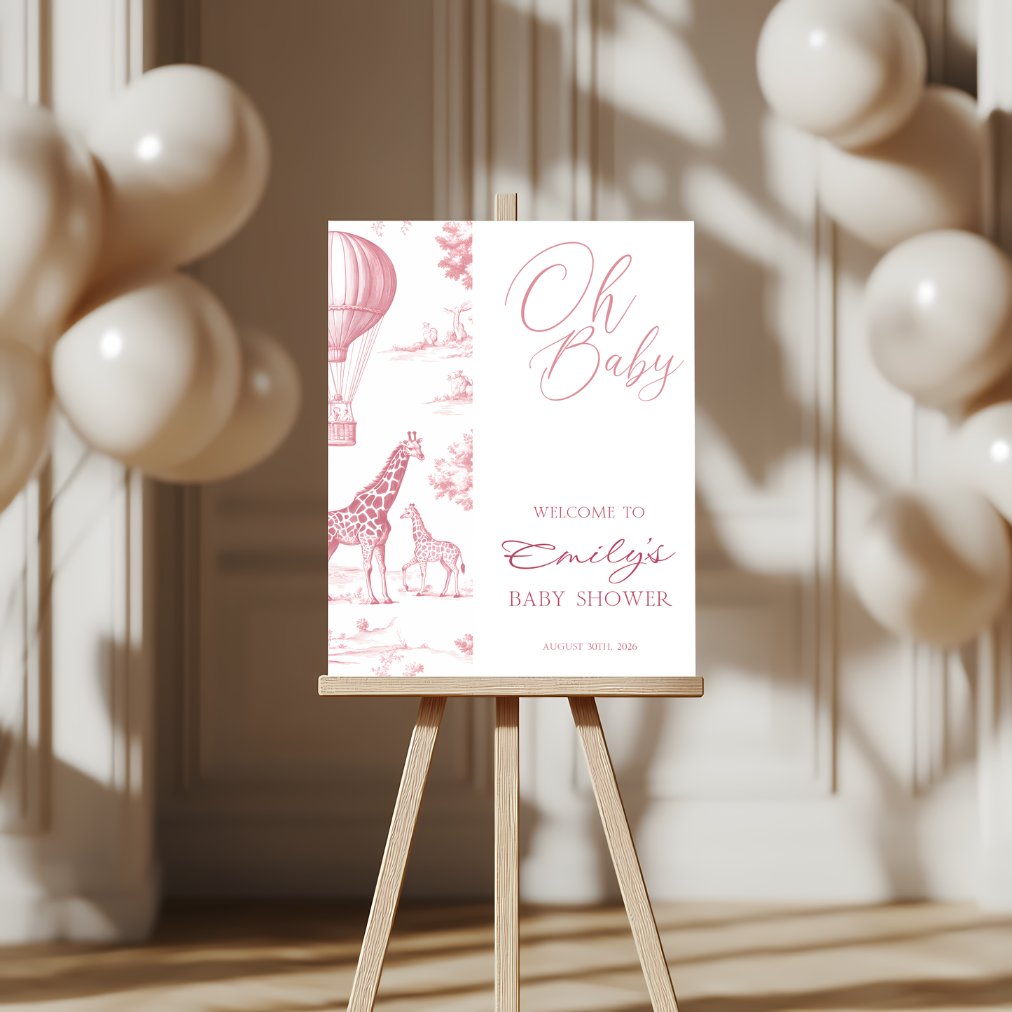 Baby Shower Welcome Sign - Pink Toile de Jouy Safari Giraffes Hot Air Balloon BS121 (kopie)