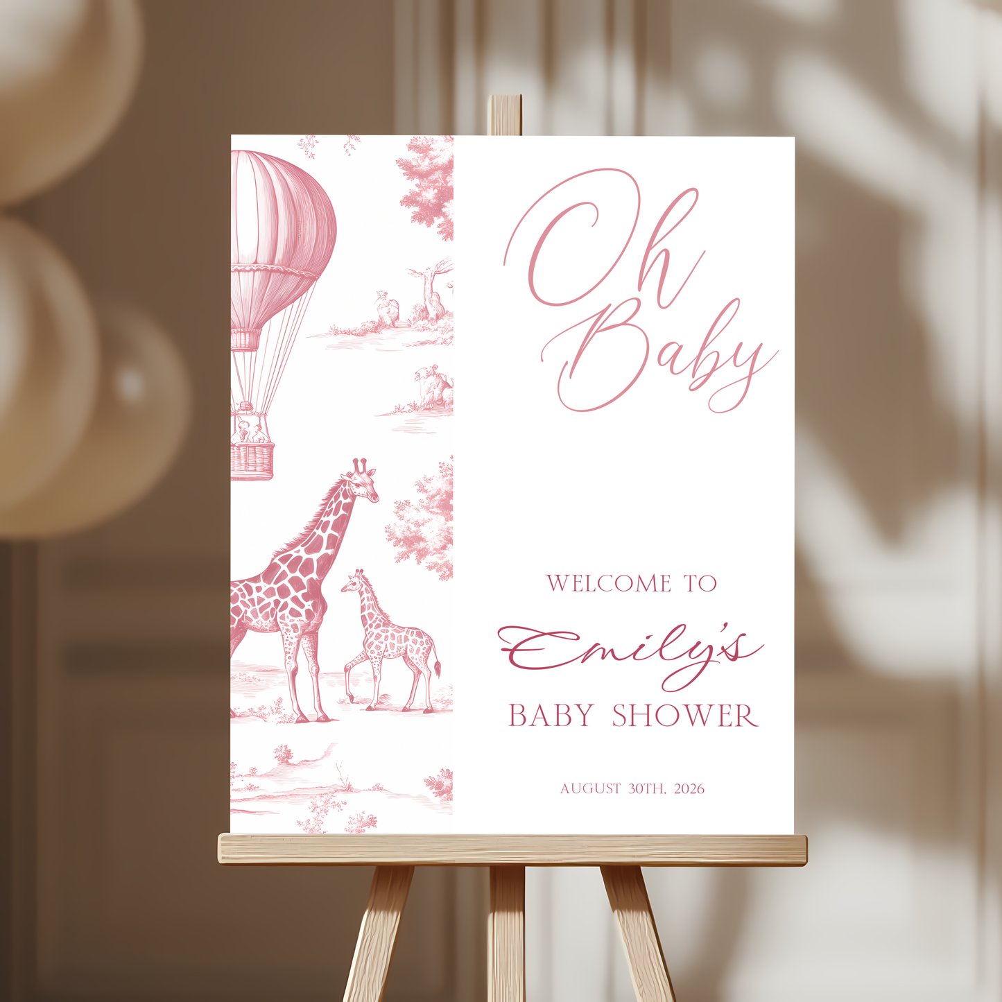 Baby Shower Welcome Sign - Pink Toile de Jouy Safari Giraffes Hot Air Balloon BS121 (kopie)