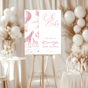 Baby Shower Welcome Sign - Pink Toile de Jouy Safari Giraffes Hot Air Balloon BS121 (kopie)
