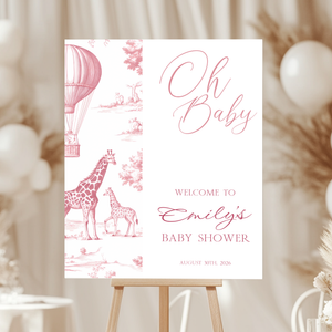 Baby Shower Welcome Sign - Pink Toile de Jouy Safari Giraffes Hot Air Balloon BS121 (kopie)