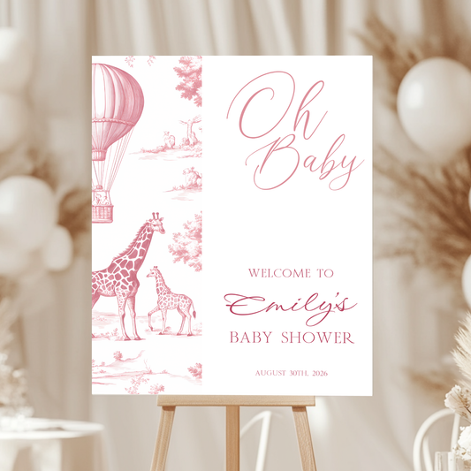 Baby Shower Welcome Sign - Pink Toile de Jouy Safari Giraffes Hot Air Balloon BS121 (kopie)