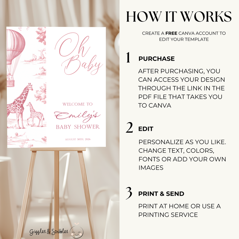 Baby Shower Welcome Sign - Pink Toile de Jouy Safari Giraffes Hot Air Balloon BS121 (kopie)