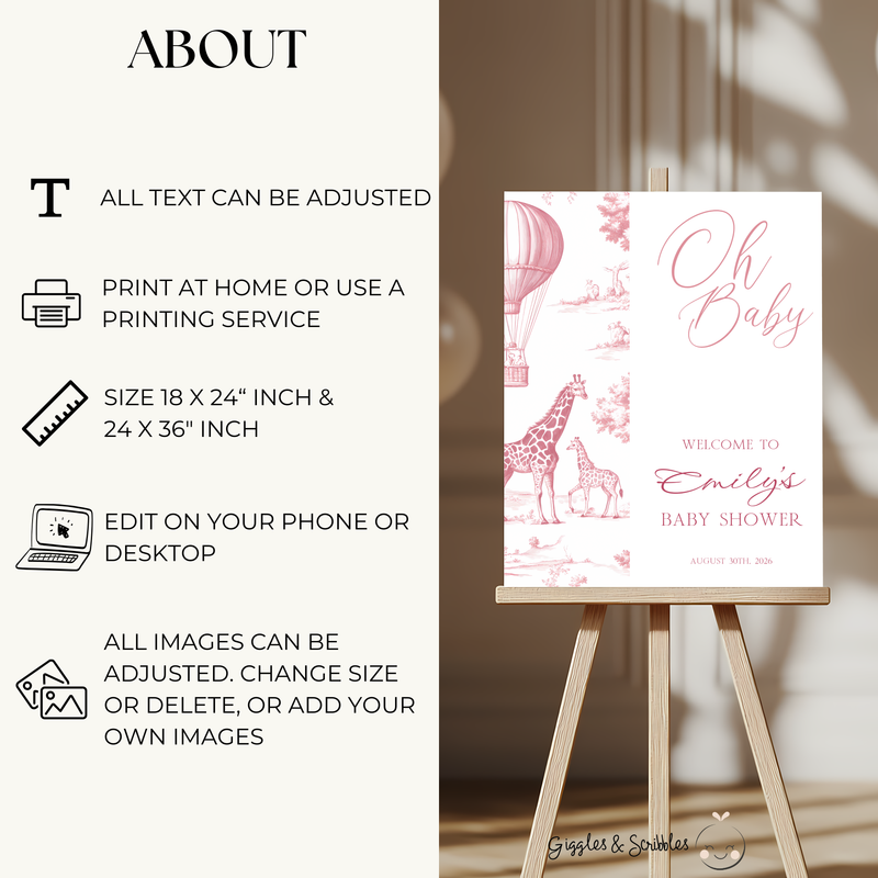 Baby Shower Welcome Sign - Pink Toile de Jouy Safari Giraffes Hot Air Balloon BS121 (kopie)