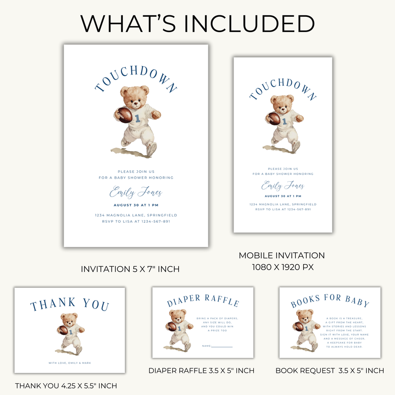 Touchdown Football Sports Bear Baby Shower Invitation Bundle BS221