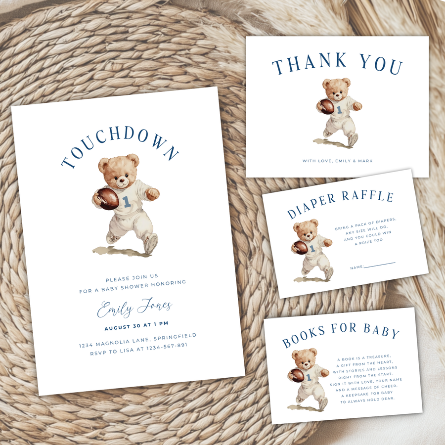 Touchdown Football Sports Bear Baby Shower Invitation Bundle BS221