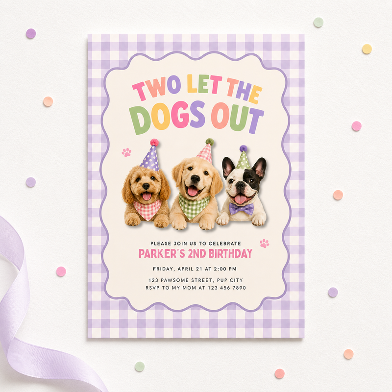 Two Let the Dogs Out 2nd Birthday Invitation Girl L166