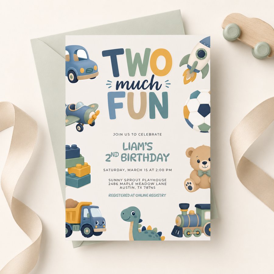 Two Much Fun 2nd Birthday Invitation Boy L152