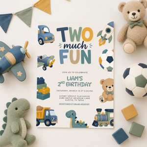 Two Much Fun 2nd Birthday Invitation Boy L152