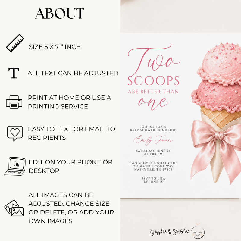 Two Scoops Are Better Than One Twin Girls Baby Shower Invitation BS315