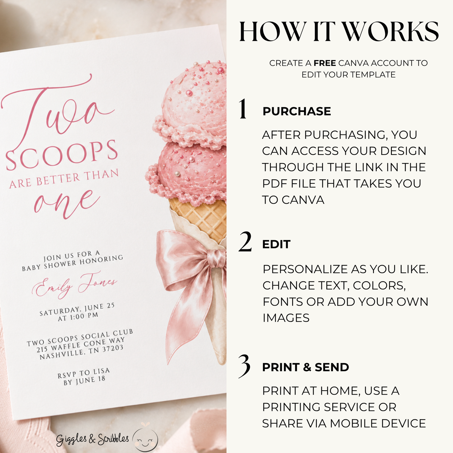 Two Scoops Are Better Than One Twin Girls Baby Shower Invitation BS315