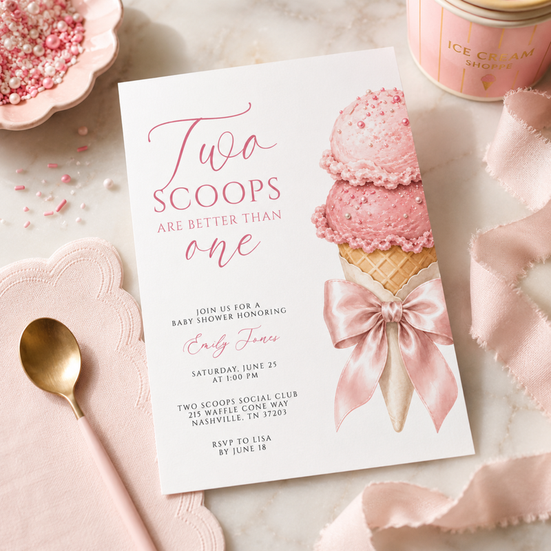 Two Scoops Are Better Than One Twin Girls Baby Shower Invitation BS315