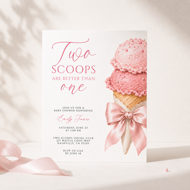 Two Scoops Are Better Than One Twin Girls Baby Shower Invitation BS315