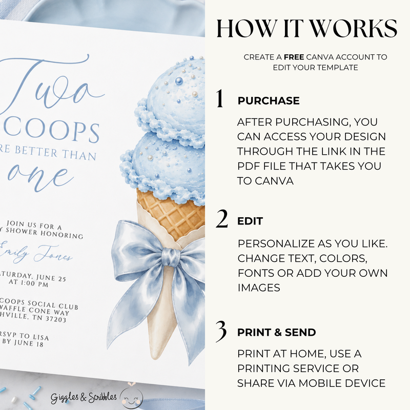 Two Scoops Are Better Than One Twin Boys Baby Shower Invitation BS315