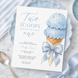 Two Scoops Are Better Than One Twin Boys Baby Shower Invitation BS315