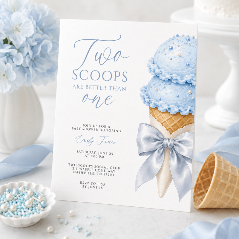 Two Scoops Are Better Than One Twin Boys Baby Shower Invitation BS315