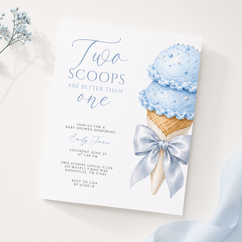 Two Scoops Are Better Than One Twin Boys Baby Shower Invitation BS315