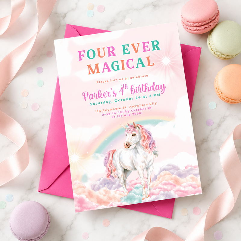 Four Ever Magical Unicorn 4th Birthday Invitation L83