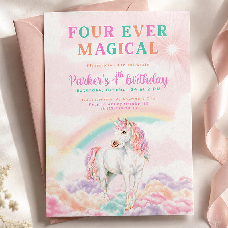 Four Ever Magical Unicorn 4th Birthday Invitation L83