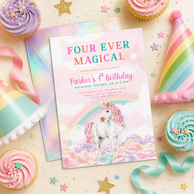 Four Ever Magical Unicorn 4th Birthday Invitation L83