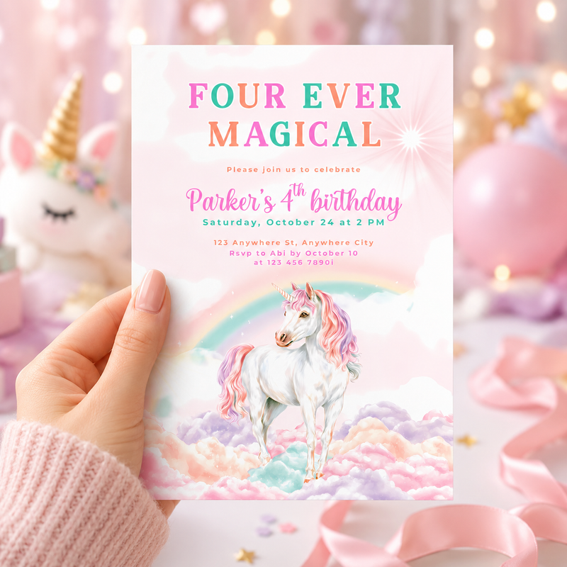 Four Ever Magical Unicorn 4th Birthday Invitation L83