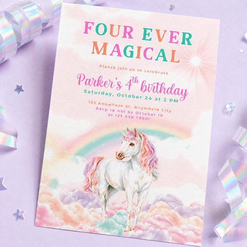 Four Ever Magical Unicorn 4th Birthday Invitation L83