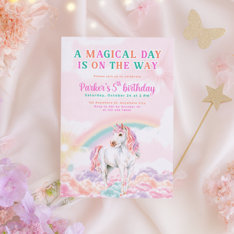 Pastel Rainbow Unicorn Birthday Invitation L83