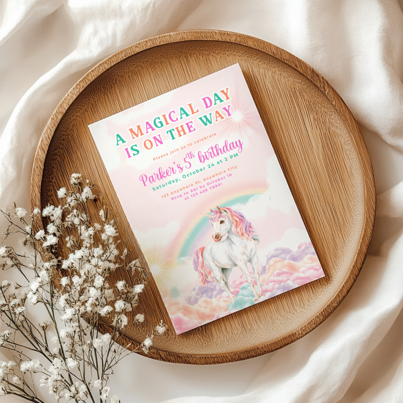 Pastel Rainbow Unicorn Birthday Invitation L83