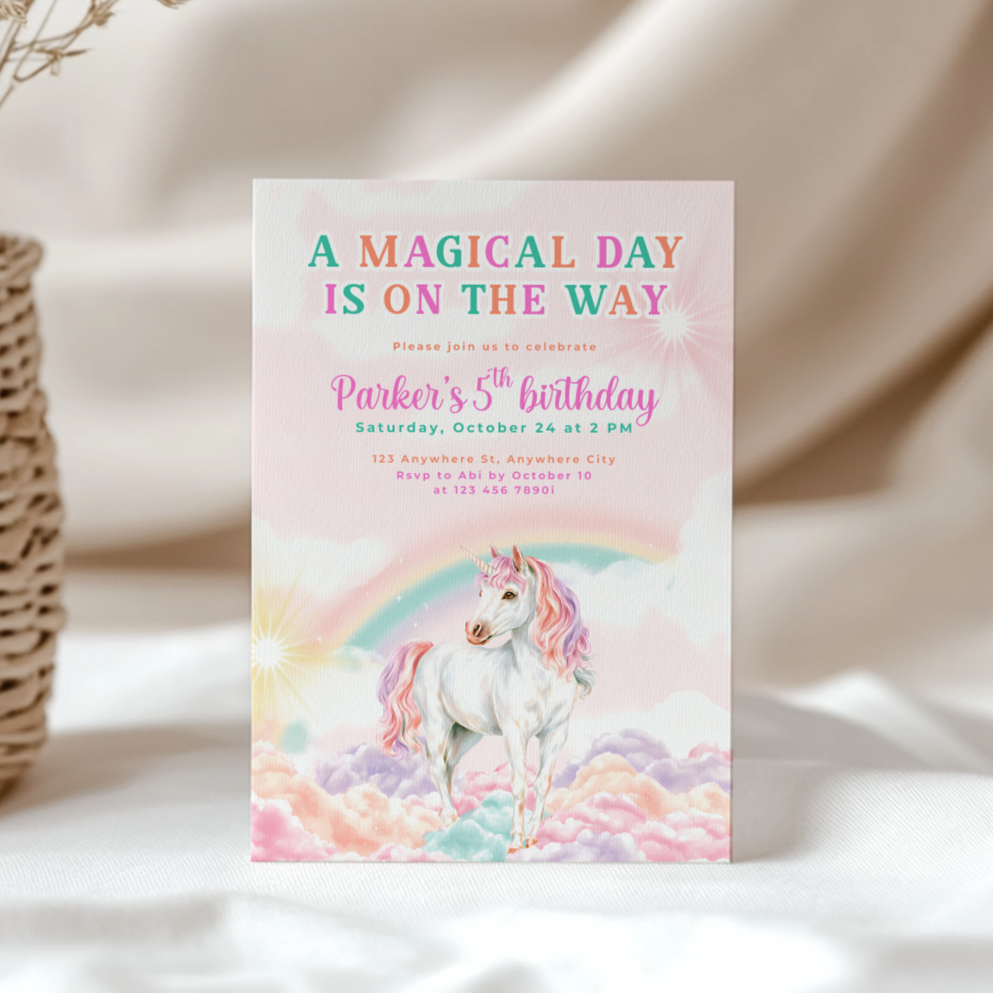 Pastel Rainbow Unicorn Birthday Invitation L83