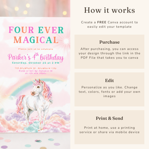 Four Ever Magical Unicorn 4th Birthday Invitation L83