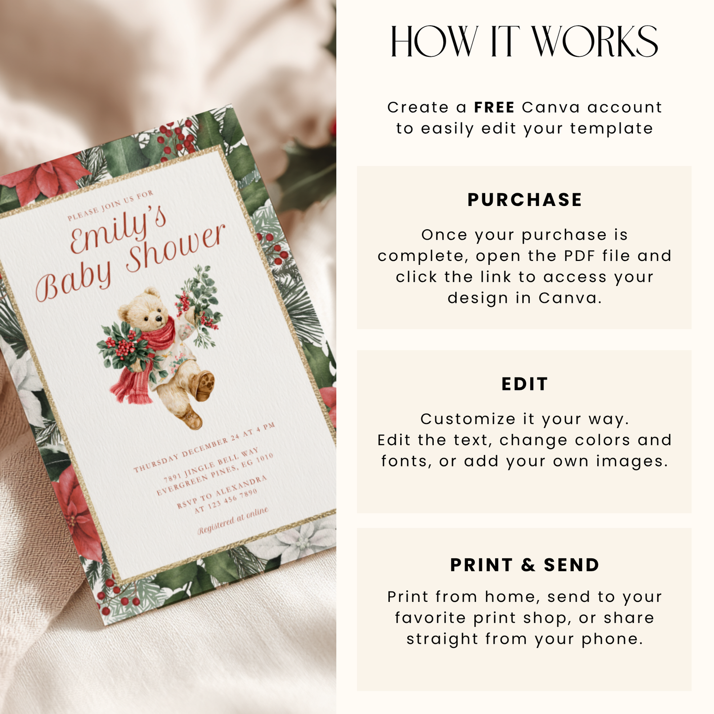 Bear Vintage Christmas Baby Shower Invitation L66