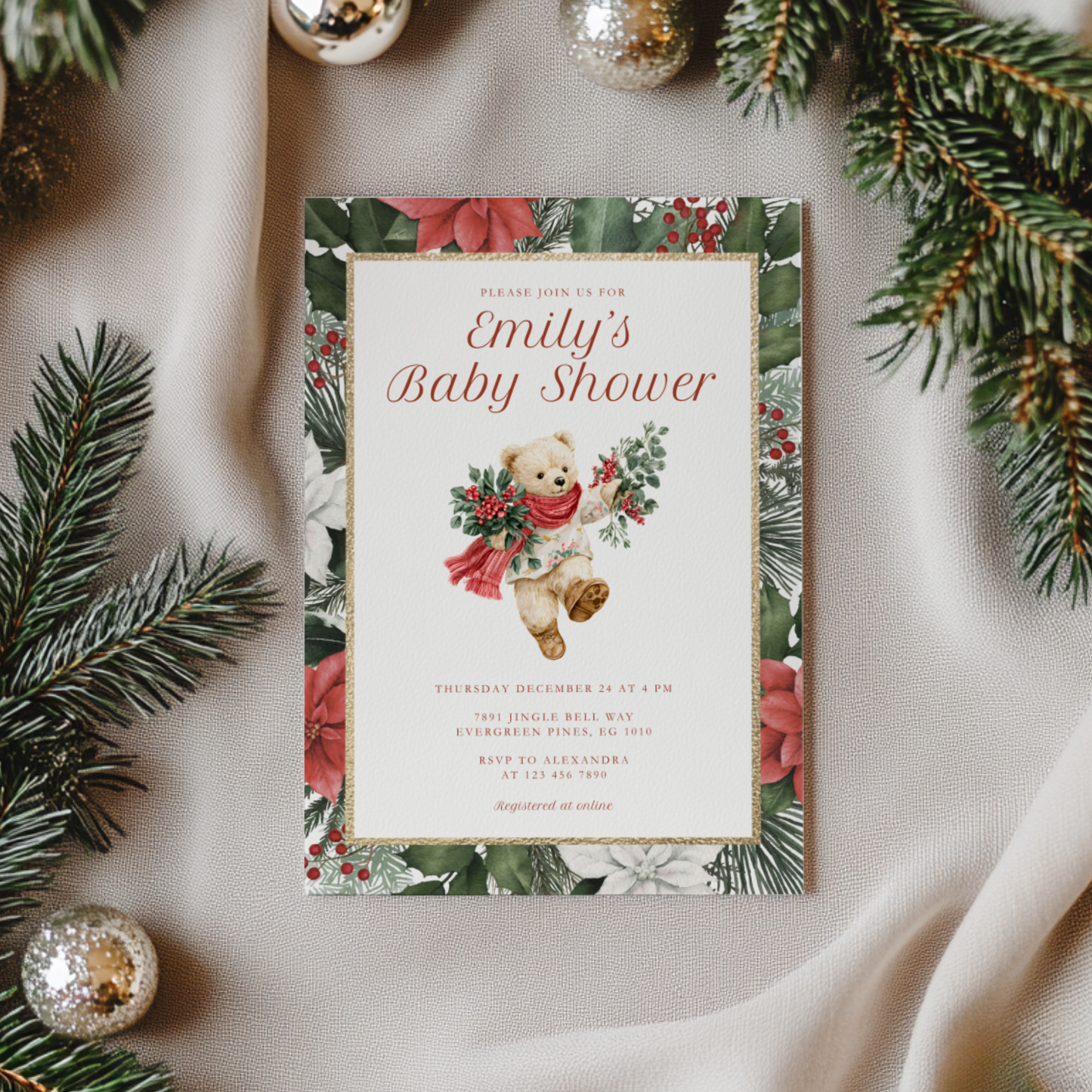 Bear Vintage Christmas Baby Shower Invitation L66