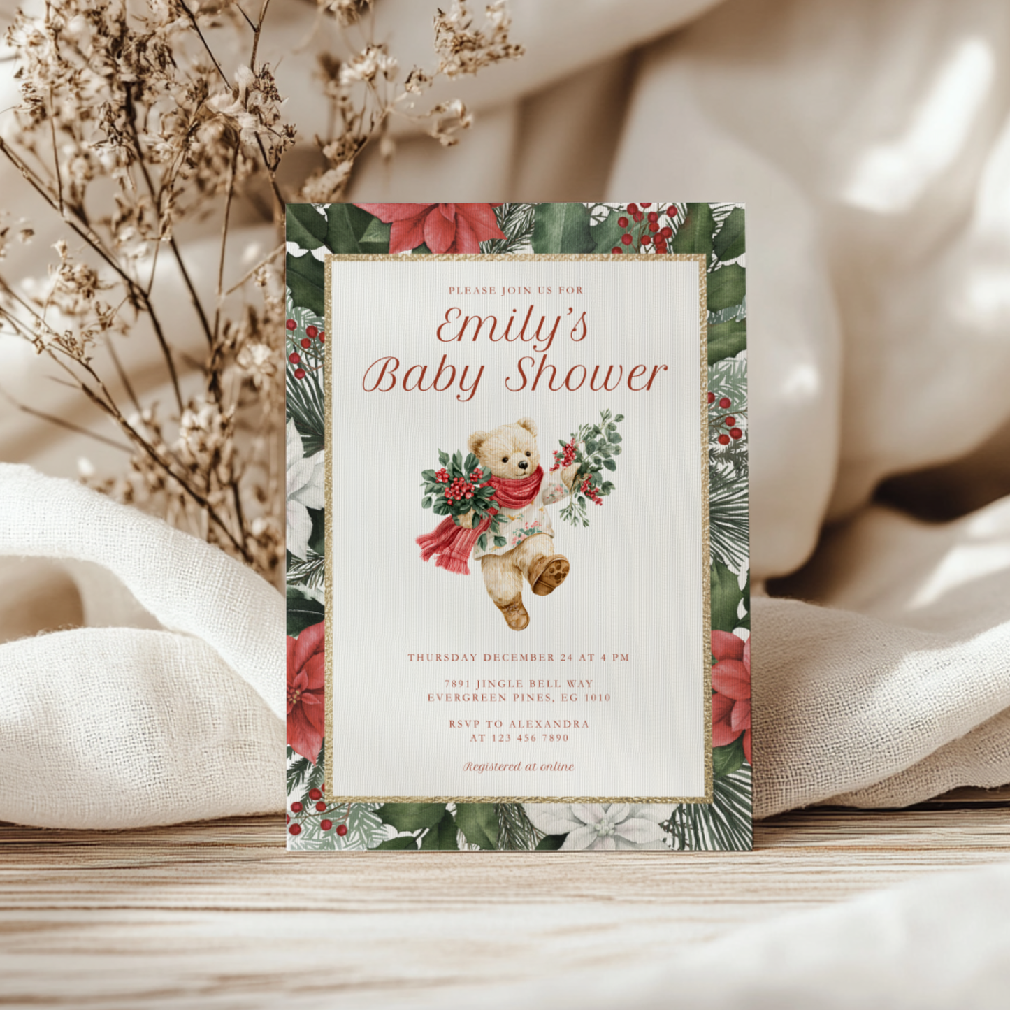 Bear Vintage Christmas Baby Shower Invitation L66