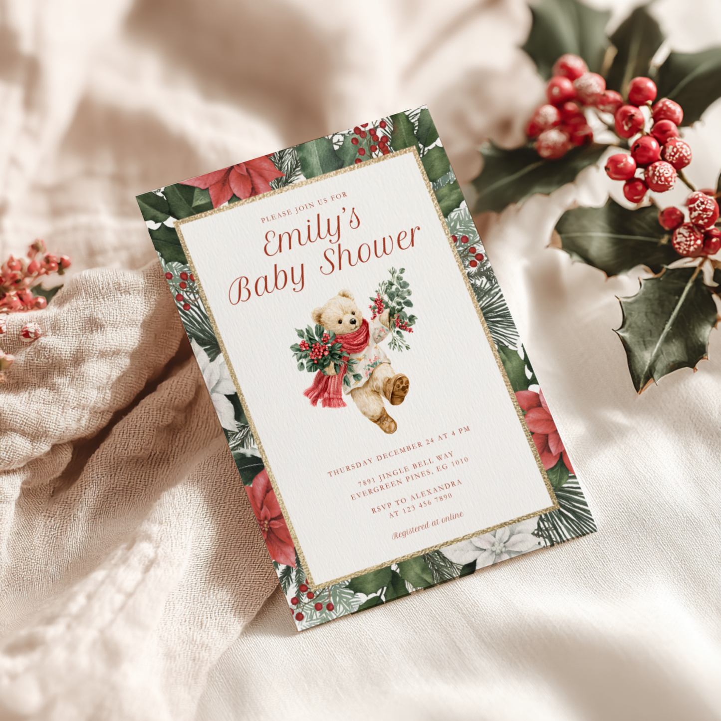 Bear Vintage Christmas Baby Shower Invitation L66