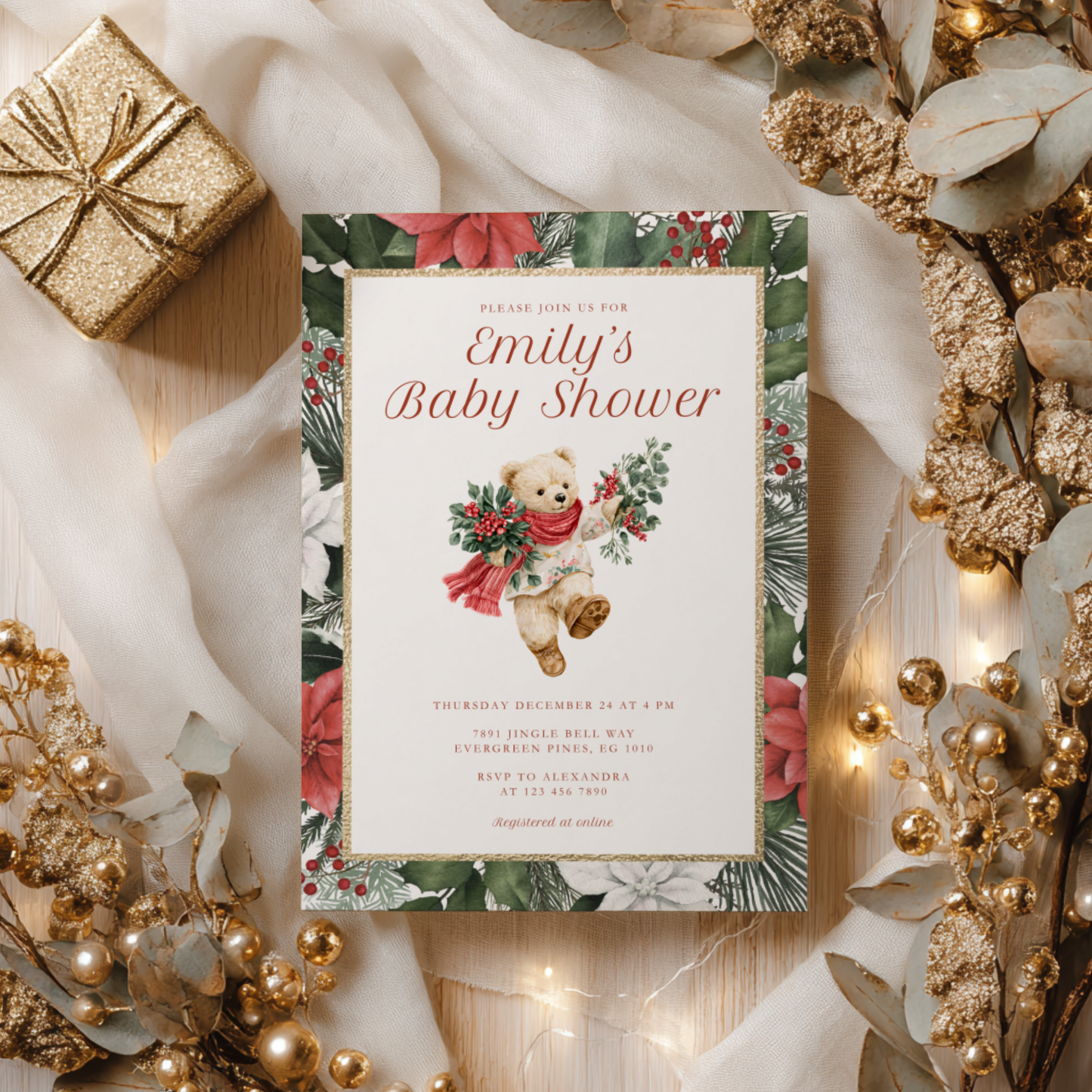 Bear Vintage Christmas Baby Shower Invitation L66