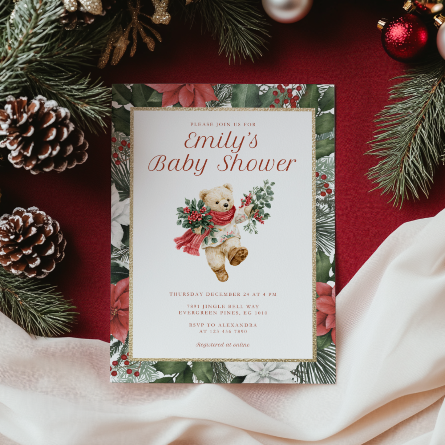 Bear Vintage Christmas Baby Shower Invitation L66