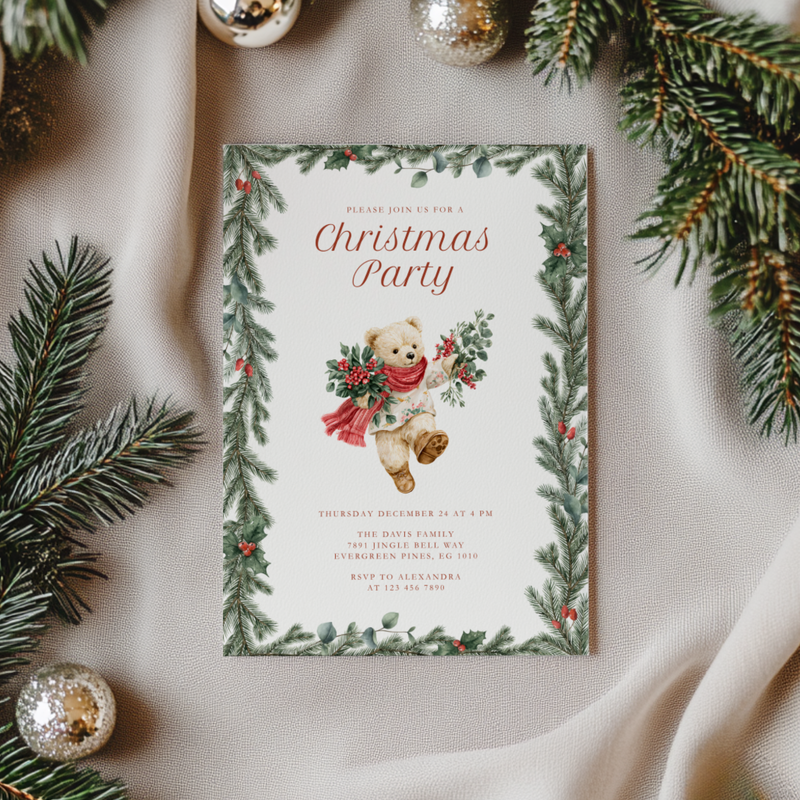 Vintage Christmas Bear Party Invitation L65